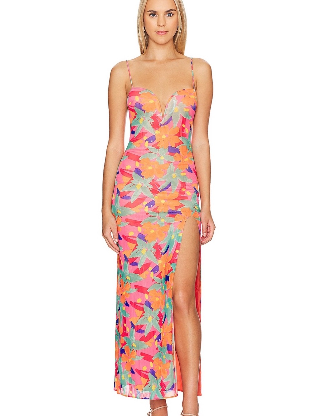 Lovers + Friends Coral Floral Plunge Maxi Dress with Slit